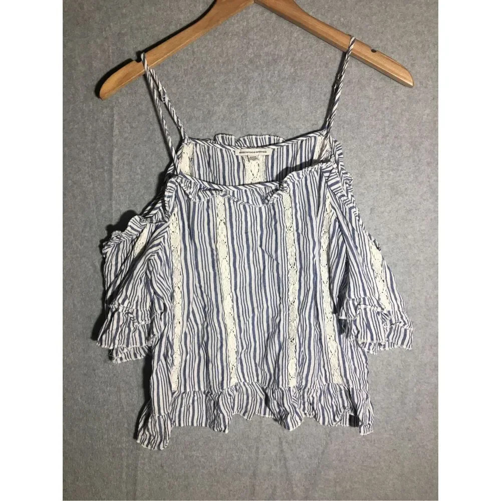 Womens American Eagle Blouse Cold Shoulder Blue White Stripes Ruffles Feminine